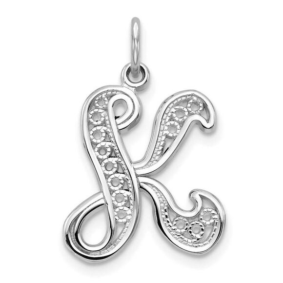 14k White Gold, Maci Collection, Filigree Script Initial K Pendant - Picture 1 of 4